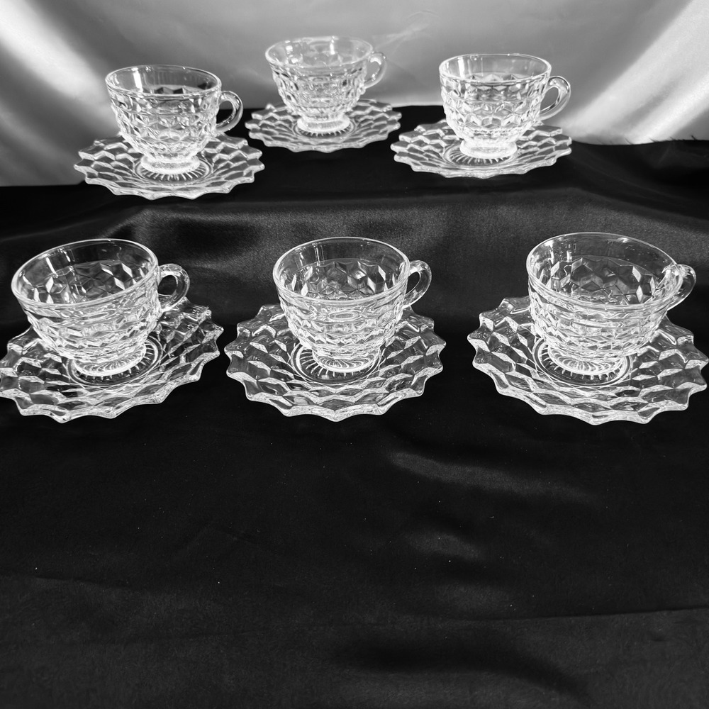 6 pair of Fostoria American Clear Cubic Tea Cup & Saucer 12 Piece Vintage Cubic